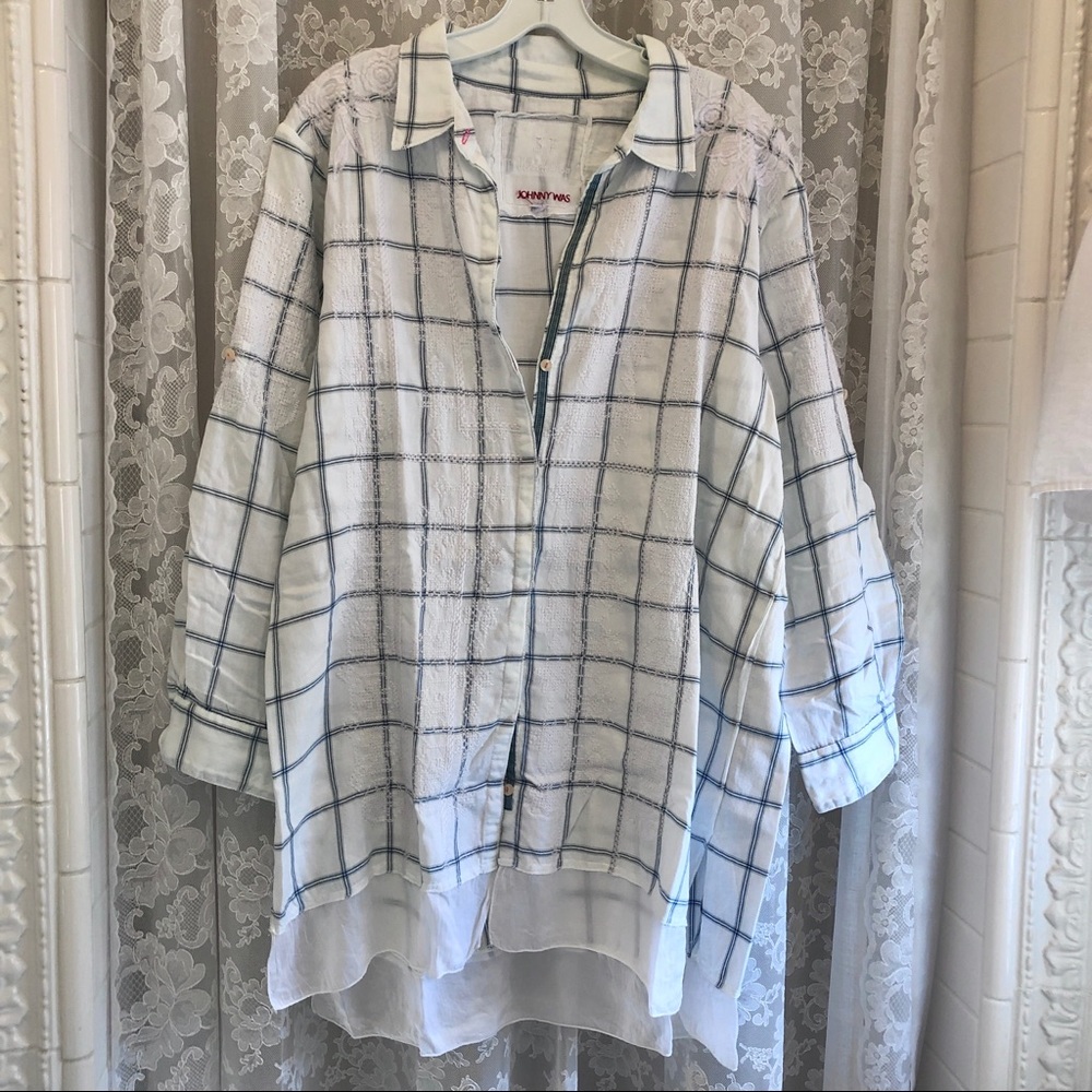 JOHNNY WAS * White Blue Plaid Embroidered Button Front Shirt
